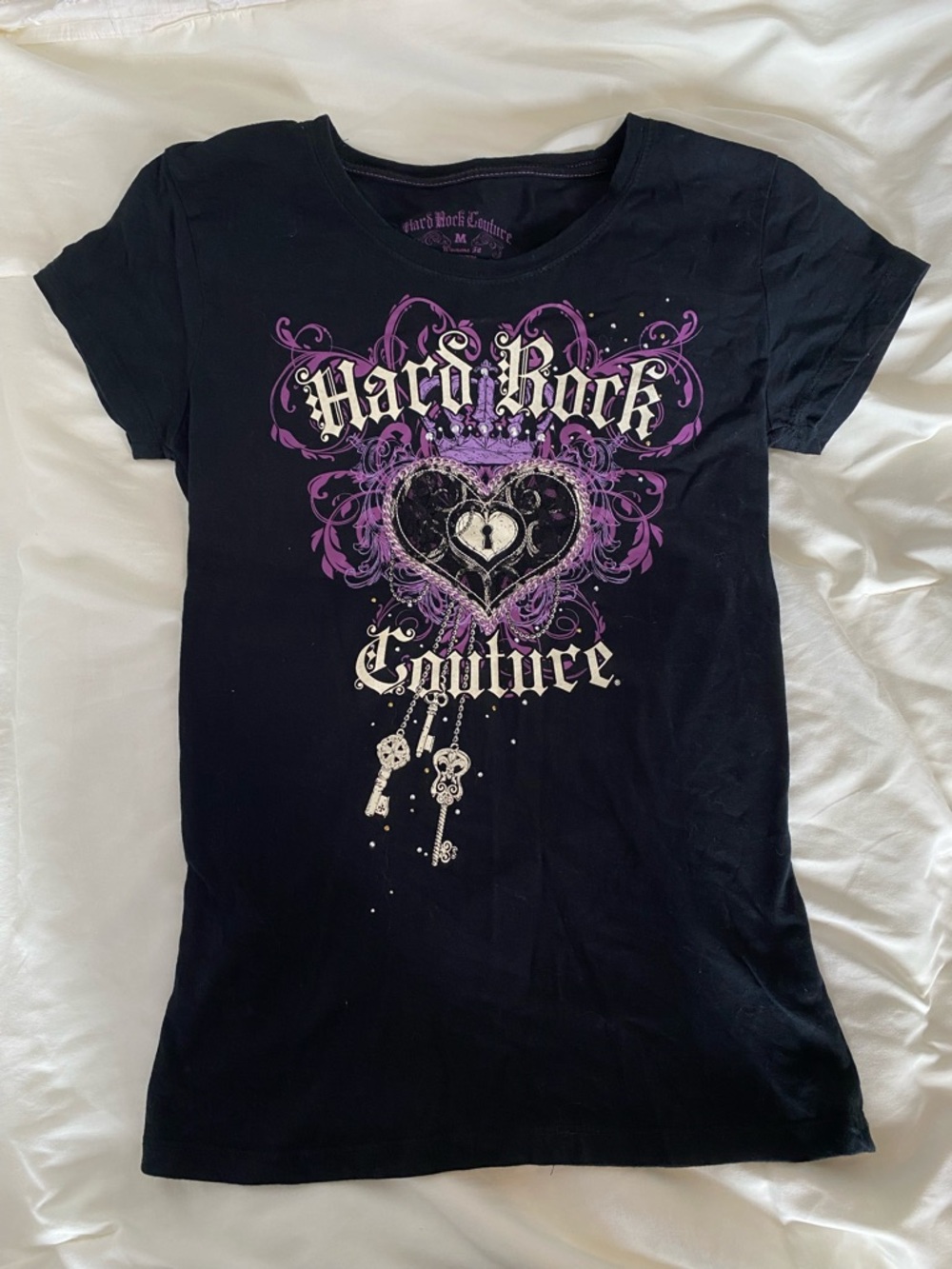 Y2K Hard Rock Couture Black Graphic Tee with Purple Heart Design
